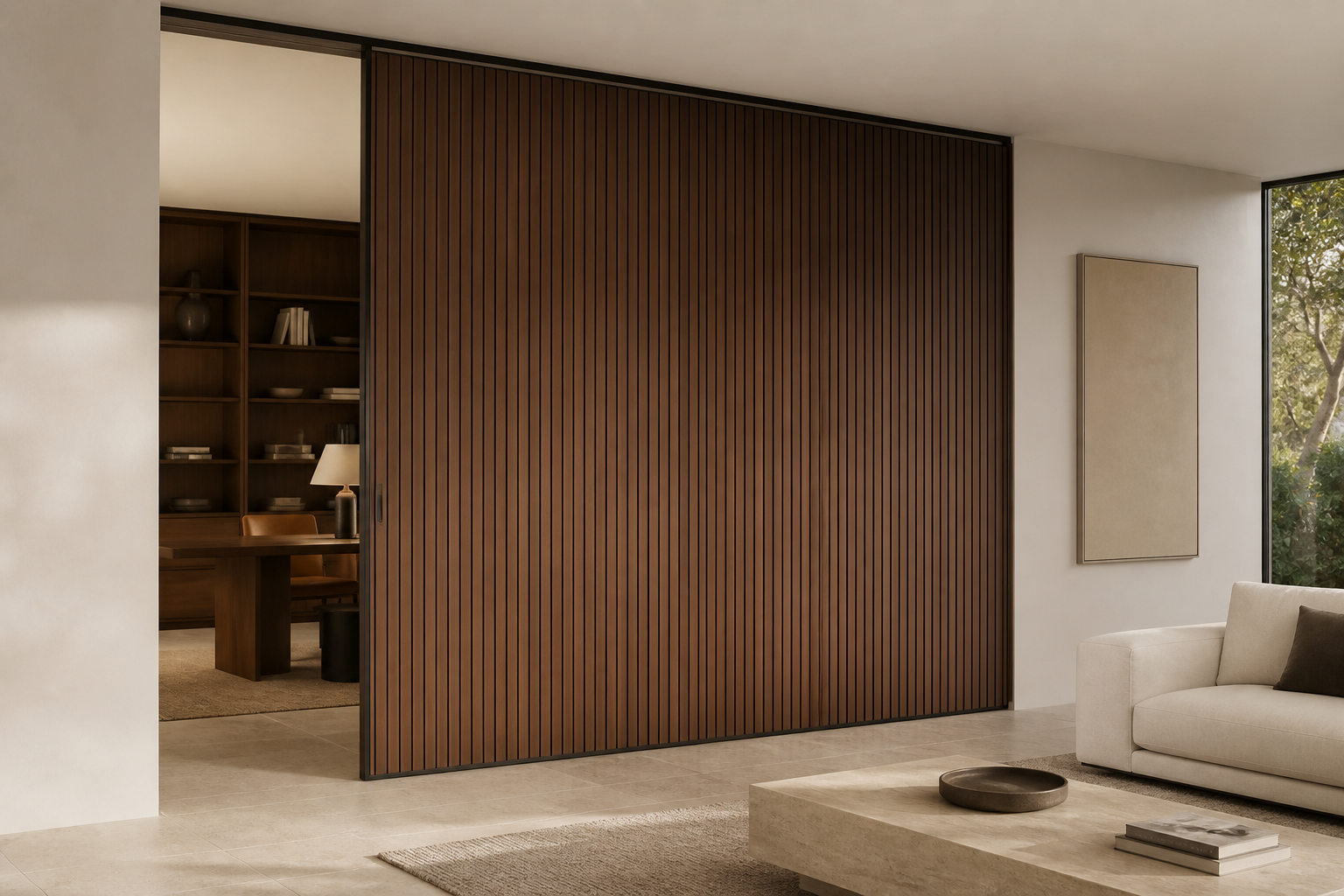 A warm slatted sliding-door composition
